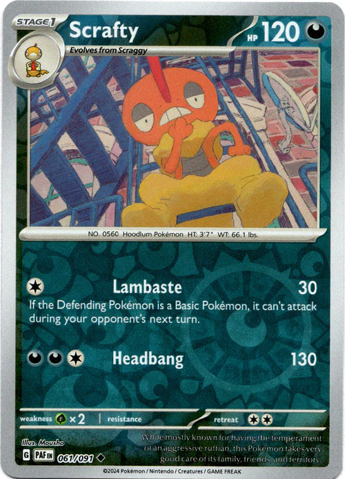 061/091 Scrafty (Reverse Holo) / Stage 1 / Uncommon (Paldean Fates) English card