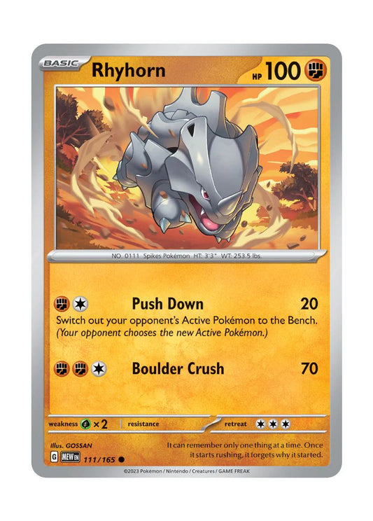 111/165 Rhyhorn / Basic / Common (Pokémon 151) English card